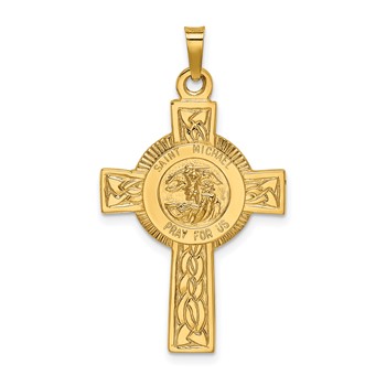 14k Polished Cross with St. Michael Medal Pendant