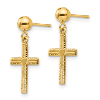 14k Polished and Satin Heart Cross Dangle Post Earrings — alternate view