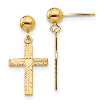 14k Polished and Satin Heart Cross Dangle Post Earrings