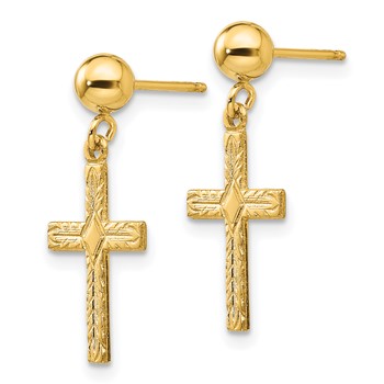 14k Polished and Textured Cross Dangle Post Earrings — alternate view