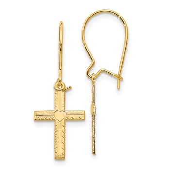 14k Polished and Satin Heart Cross Kidney Wire Earrings