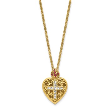 SOF Gold-tone 18in Red and Clear Crystal Sacred Heart Cross Locket Necklace — alternate view