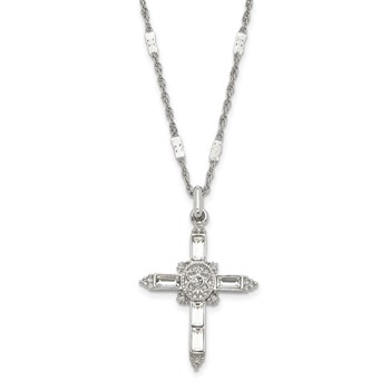 Symbols of Faith Silver-tone Ornate Center with Clear Crystal Accent and Baguette-cut Crystals Cross 18 inch Necklace — alternate view