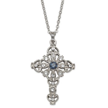 Silver-tone Blue & Clear Crystal 16in w/3in ext Cross Necklace