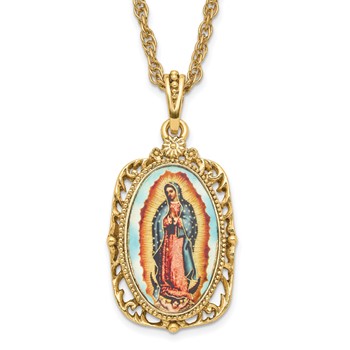 Symbols of Faith Gold-tone Enameled Our Lady of Guadalupe 24 inch Necklace