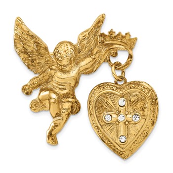 Symbols of Faith Gold-tone Angel Holding  20mm Dangle Heart Clear Crystal Cross Locket Pin Brooch Holds 2 Photos