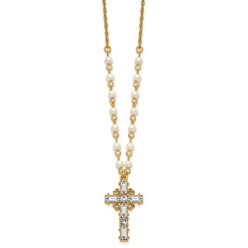 SOF Gold-tone Imitation Pearl Chain and Crystal Cross 20in Necklace