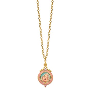 Symbols of Faith Gold-tone Pink Crystal and Pink Enamel Mary and Child 20mm Locket 17.5 inch Necklace Holds 2 Photos