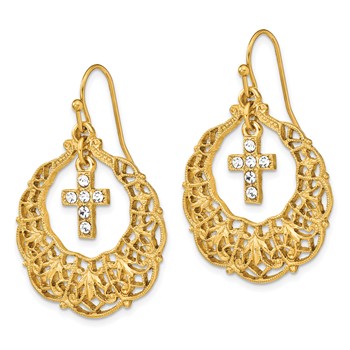 Symbols of Faith Gold-tone Ornate Frame with Clear Crystal Cross Dangle Earrings — alternate view
