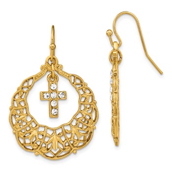 Symbols of Faith Gold-tone Ornate Frame with Clear Crystal Cross Dangle Earrings