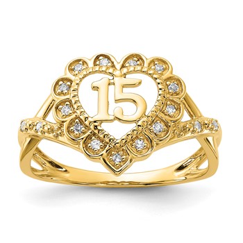 10k Yellow Gold Polished Diamond 15 Quinceanera Heart Ring