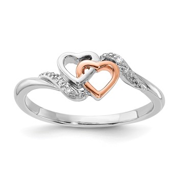 Sterling Silver with 10k Rose Accent Polished Diamond Double Heart Ring