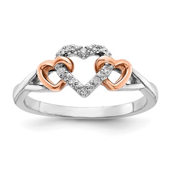 Sterling Silver with 10k Rose Accent Polished Diamond Triple Heart Ring