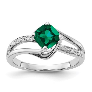 Sterling Silver Created Emerald & Diamond Ring