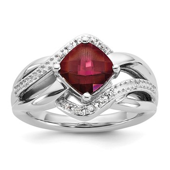 SS 7X7 RED CZ and Diamond Ring