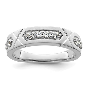 14k White Gold Polished & Satin Grooved Diamond Mens Wedding Band