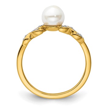 14K Polished 1/20 carat Diamond and White Freshwater Cultured Pearl Leaf Design Size 7 Ring — alternate view