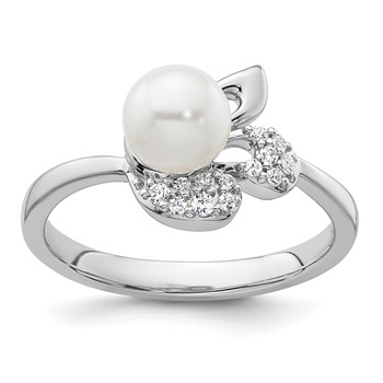 14K White Gold Polished 1/10 carat Diamond and White Freshwater Cultured Pearl Size 7 Ring