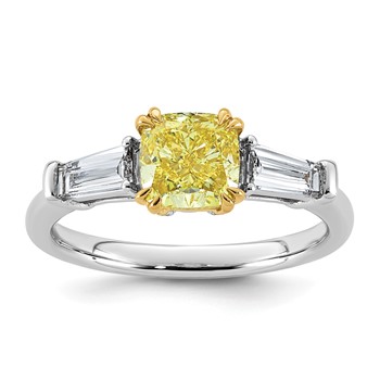 Emma Grace 14K Two-Tone 2 carat Certified Lab Grown Diamond VS+ Cushion Vivid Yellow & VS+ F+ Baguette Complete Ring