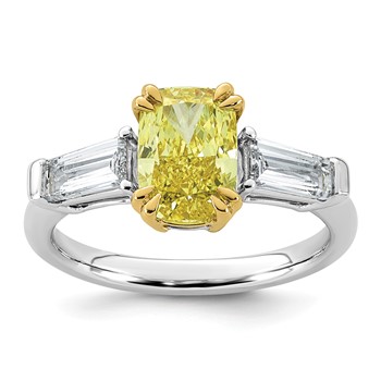 Emma Grace 14K Two-Tone 2 3/4 carat Certified Lab Grown Diamond VS+ Long Cushion Vivid Yellow & VS+ F+ Baguette Complete Ring