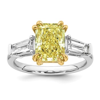 Emma Grace 14K Two-Tone 4 carat Certified Lab Grown Diamond VS+ Radiant Vivid Yellow & VS+ F+ Baguette Complete Ring