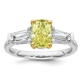Emma Grace 14K Two-Tone 2 1/4 carat Certified Lab Grown Diamond VS+ Long Cushion Vivid Yellow & VS+ F+ Baguette Complete Ring