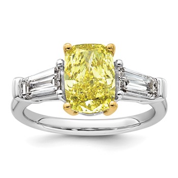 Emma Grace 14K Two-Tone 3 5/8 carat Certified Lab Grown Diamond VS+ Long Cushion Vivid Yellow & VS+ F+ Baguette Complete Ring