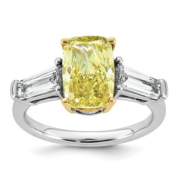 Emma Grace 14K Two-Tone 4 1/3 carat Certified Lab Grown Diamond VS+ Long Cushion Vivid Yellow & VS+ F+ Baguette Complete Ring