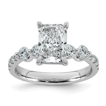 14k White Gold 2 5/8 carat Certified Lab Grown Diamond VS+ F+ Radiant Center with Round Sides Complete Ring