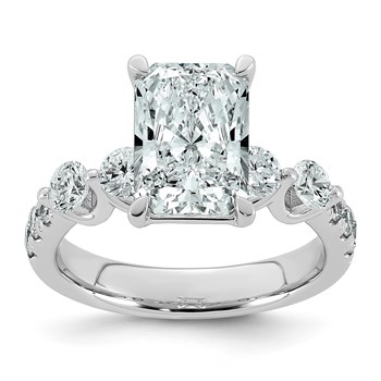 14k White Gold 3 7/8 carat Certified Lab Grown Diamond VS+ F+ Radiant Center with Round Sides Complete Ring