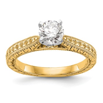 14k Yellow Gold Etched Peg Set Solitaire Engagement Ring Mounting