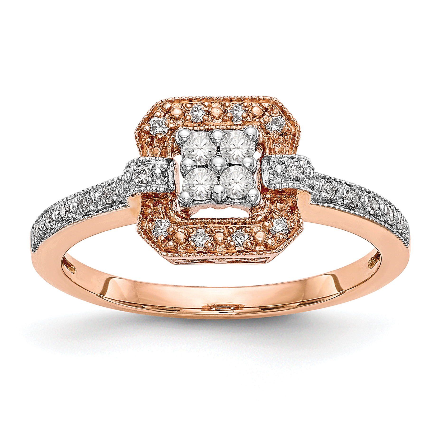 10K Rose Gold Square Halo Cluster 1/5 carat Diamond Complete Engagement Ring