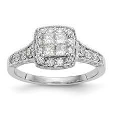 Image of 14K White Gold Square Halo Cluster 3/4 carat Princess/Round Diamond Complete Engagement Ring
