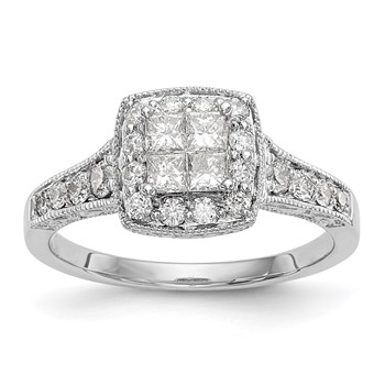 14K White Gold Square Halo Cluster 3/4 carat Princess/Round Diamond Complete Engagement Ring