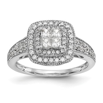 14K White Gold Square Halo Cluster 5/8 carat Princess/Round Diamond Complete Engagement Ring