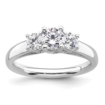 14K White Gold 3-Stone (Holds 1/2 carat (5.2mm) Round Center and (2-4.1mm) Round Sides) Engagement Ring Mounting