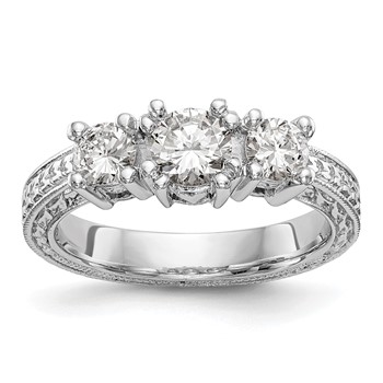 14K White Gold 3-Stone (Holds 5.2mm Round Center) Includes 2-4.1mm Round Side Diamonds Semi-Mount Engagement Ring
