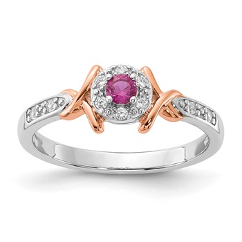 Sterling Silver and Rose-tone Polished Fancy Created Ruby and CZ Ring