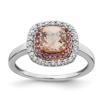 Sterling Silver w/Rose Plate Morganite/Amethyst/CZ Cushion Shape Ring