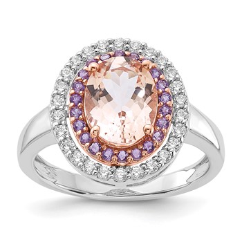 Sterling Silver w/RG Morganite/Amethyst/CZ Oval Shape Ring