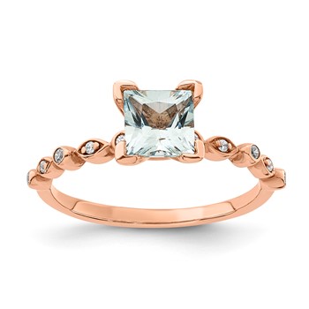 Sterling Silver w/Rose PlateSterling Silver CZ & Aquamarine Ring