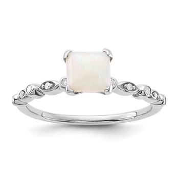 Sterling Silver Polished 6mm White Created Opal and Diamond Ring