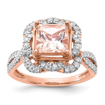 Sterling Silver Rose-tone Polished Morganite and CZ Ring