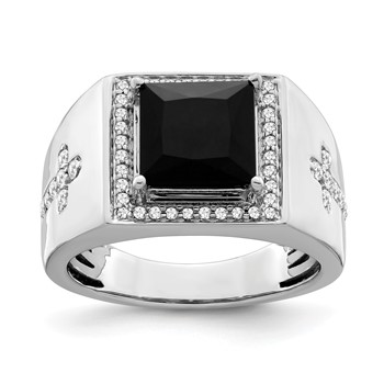 Sterling Silver 9MM Onyx and Dia Gents Ring Rd: 14-.02 4-.005 32-.006ct Dia
