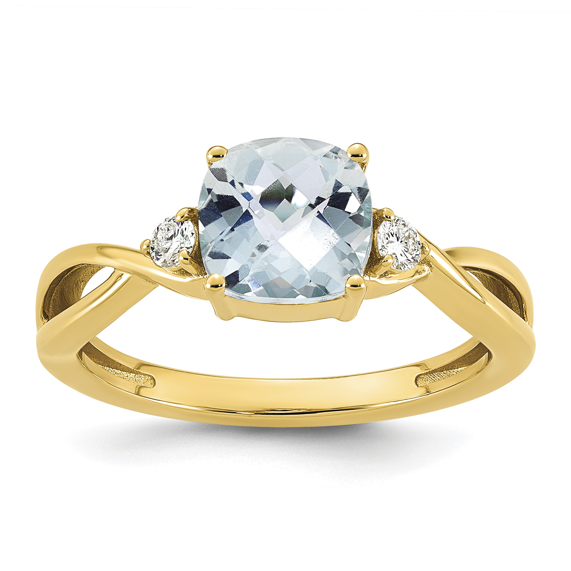 10k Checkerboard Aquamarine & 1/10 carat Lab Grown Diamond VS/SI+ G+ March Birthstone Complete Ring