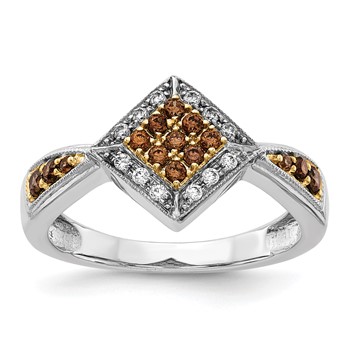 14k White Gold with Yellow Rhodium 1/3 carat White and Champagne Diamond Cluster Square Halo Ring
