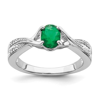 14k White Gold 7x5mm Oval Emerald and 1/15 carat Diamond Ring