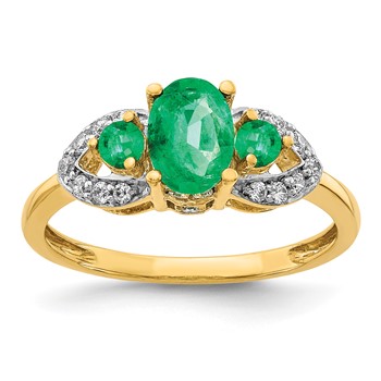 14k Oval Emerald and 1/5 carat Diamond 3-Stone Ring