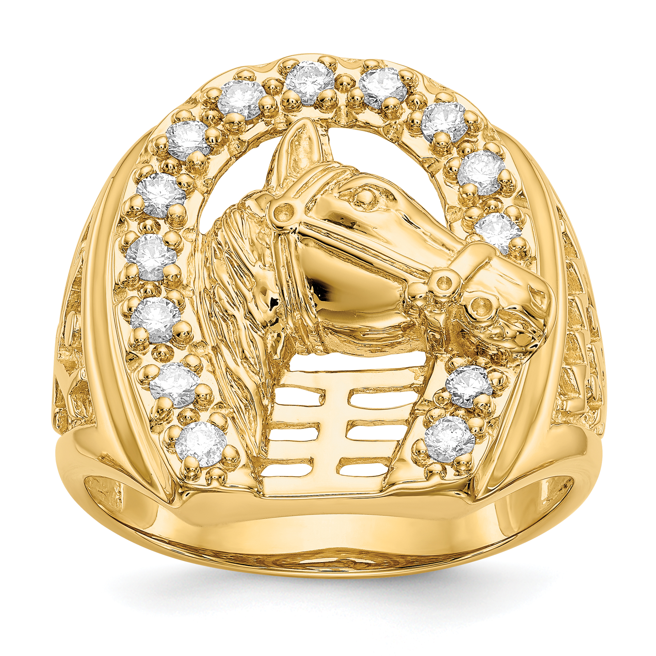14k Mens Diamond Horseshoe with Horse in Center Ring