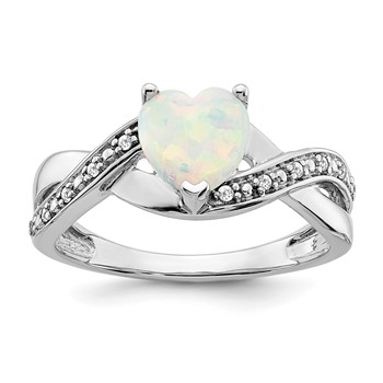 14k White Gold 7mm Heart Lab-Created Opal and 1/20 carat Diamond Ring